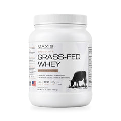 MAXIS grass-fed whey protein powder, chocolate, 2 lb tub, on white