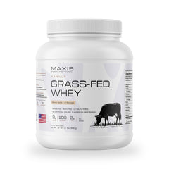 MAXIS grass-fed whey protein powder, vanilla, 2 lb tub, on white