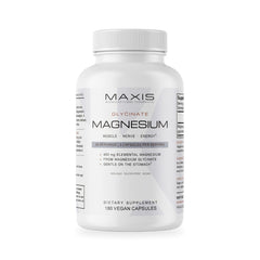 MAXIS magnesium glycinate 400 mg, 180 vegan capsules, on white