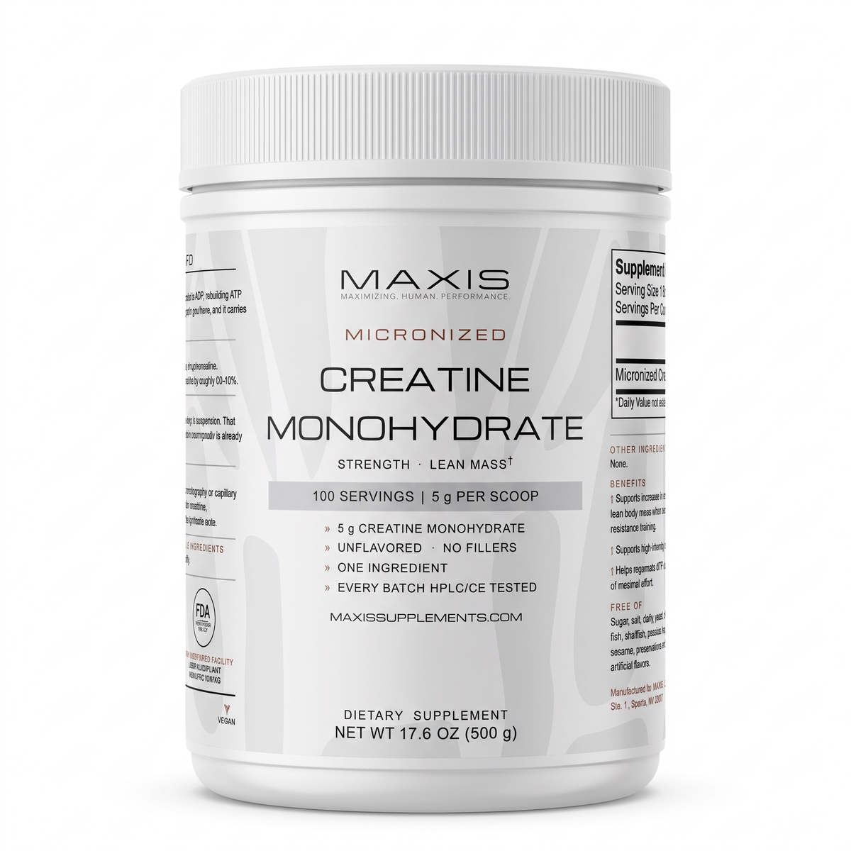 MAXIS Micronized Creatine Monohydrate tub, for an article on creatine for women