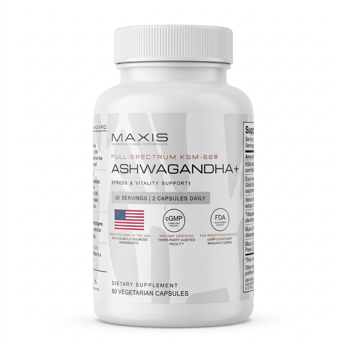 MAXIS Ashwagandha+ KSM-66 bottle, for an article on ashwagandha side effects