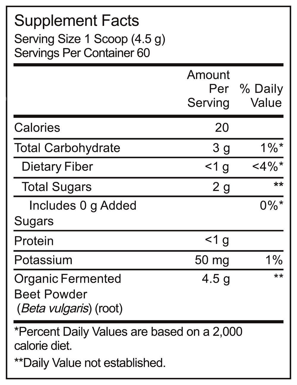 MAXIS Organic Fermented Beets Supplement Facts panel, 4.5 g beet root powder per scoop