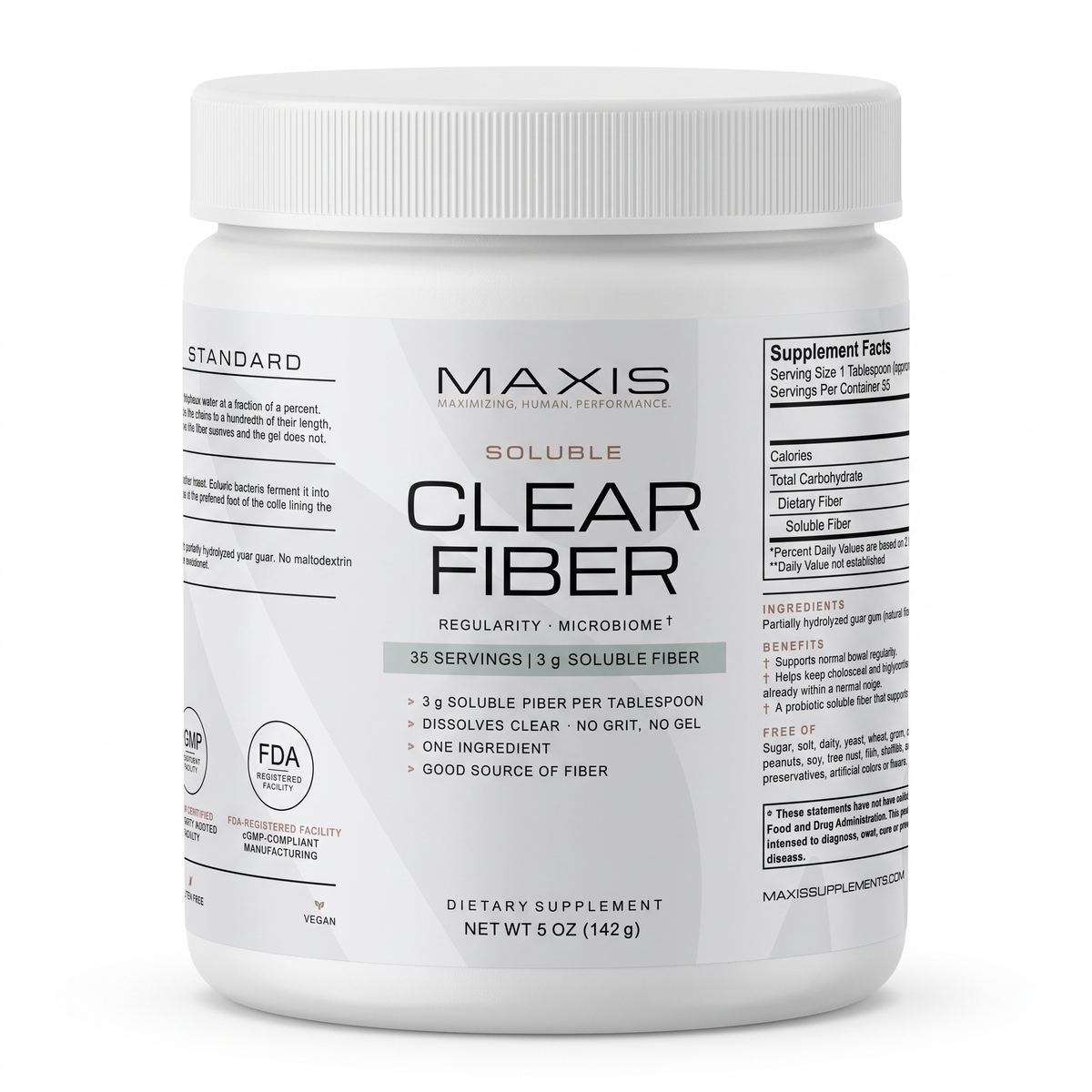 MAXIS Soluble Clear Fiber 142 g tub, front label