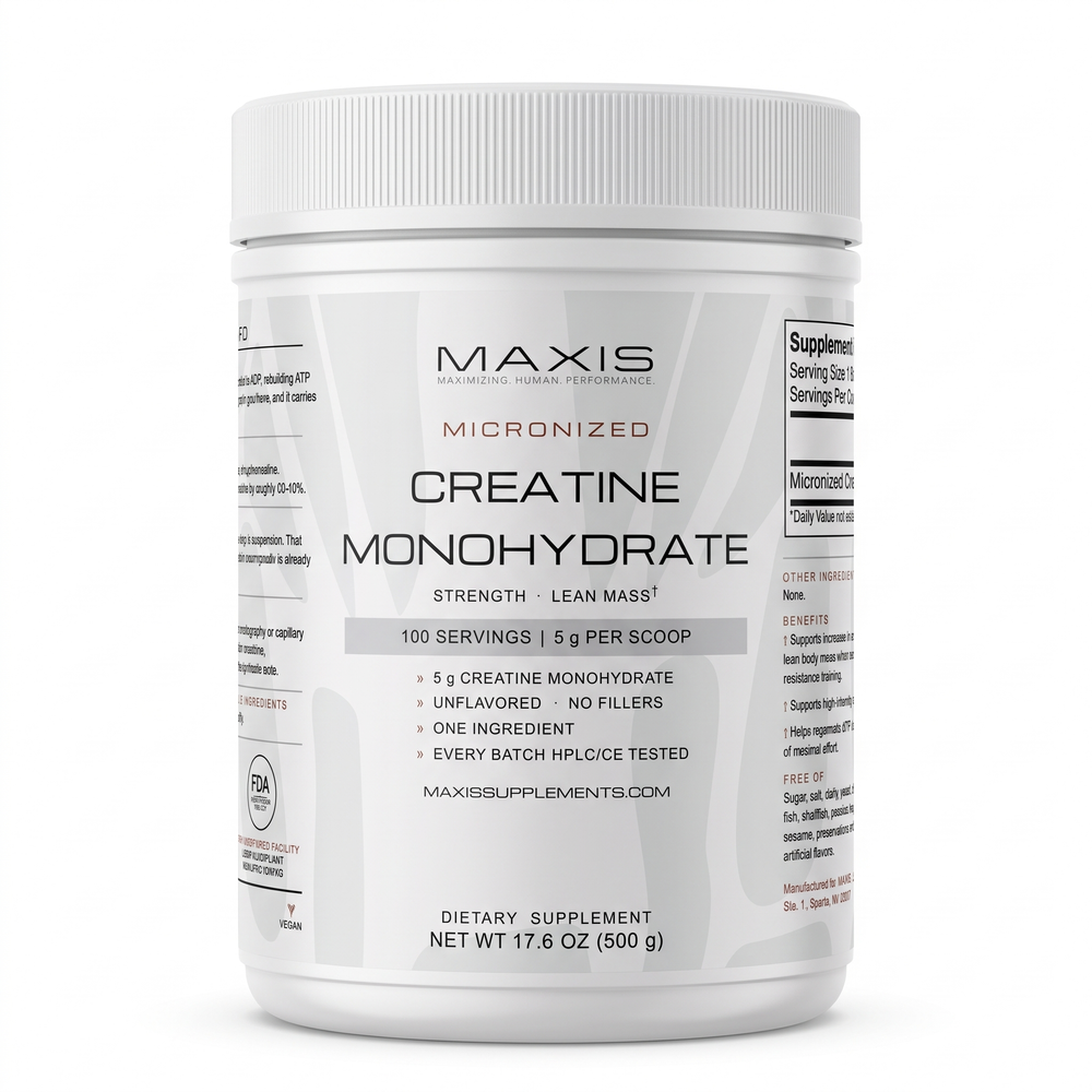 MAXIS Micronized Creatine Monohydrate 500 g tub, front label