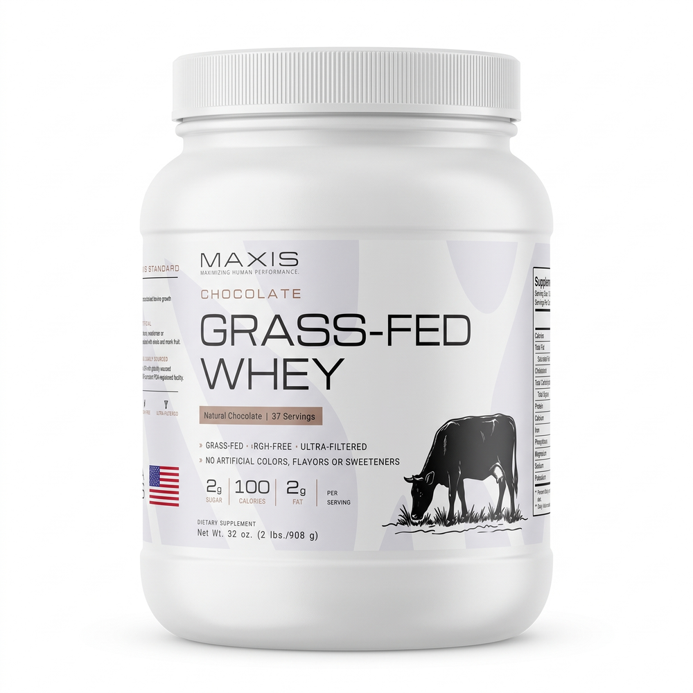 MAXIS Grass-Fed Whey Protein Chocolate 2 lb tub, front label