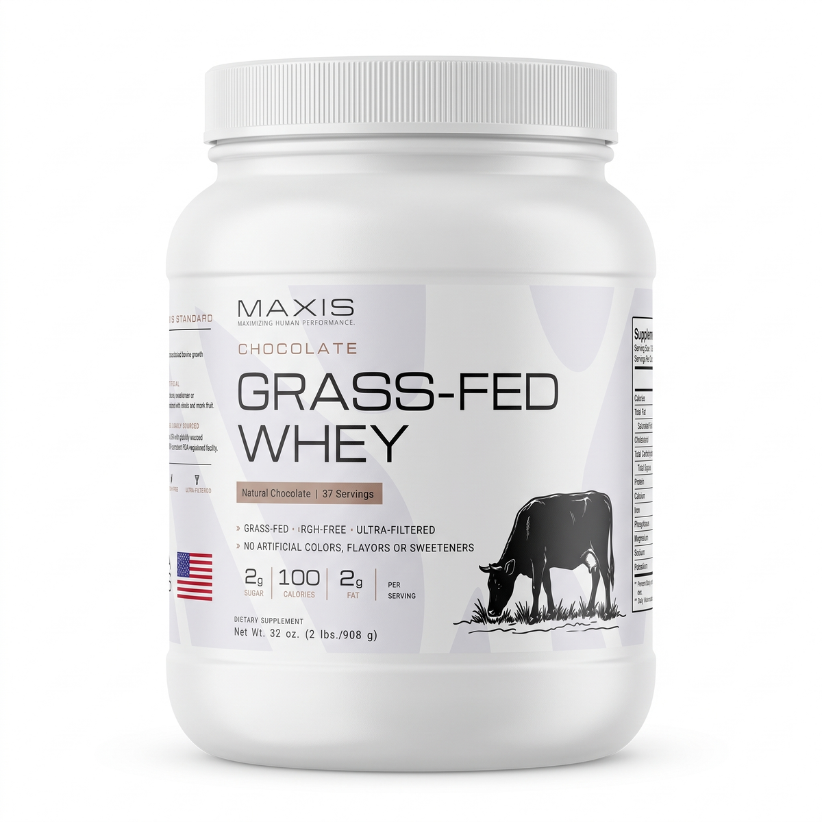 MAXIS Grass-Fed Whey Protein Chocolate 2 lb tub, front label