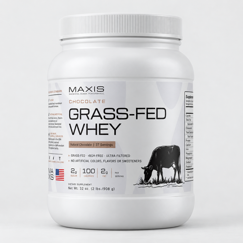 MAXIS Grass-Fed Whey Protein Chocolate 2 lb tub, front label