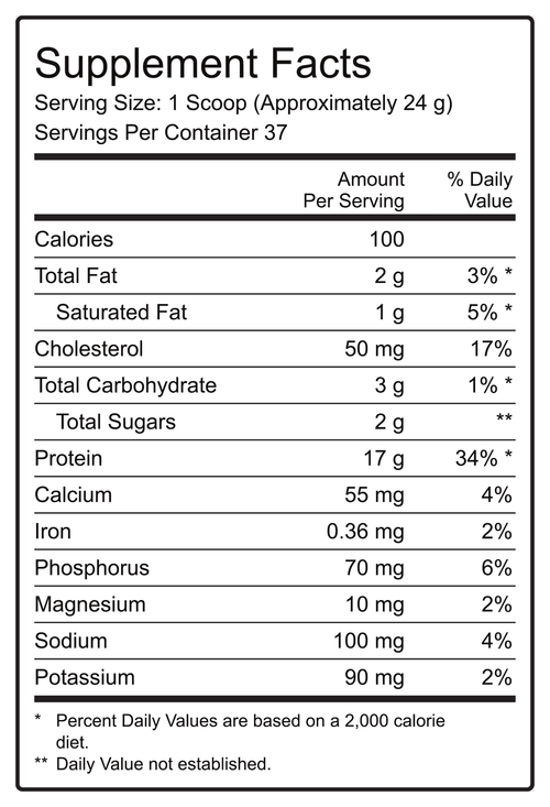 MAXIS Grass-Fed Whey Chocolate Supplement Facts panel, 17 g protein per scoop