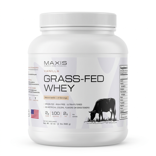 MAXIS Grass-Fed Whey Protein Vanilla 2 lb tub, front label