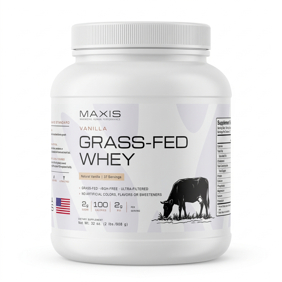 MAXIS Grass-Fed Whey Protein Vanilla 2 lb tub, front label