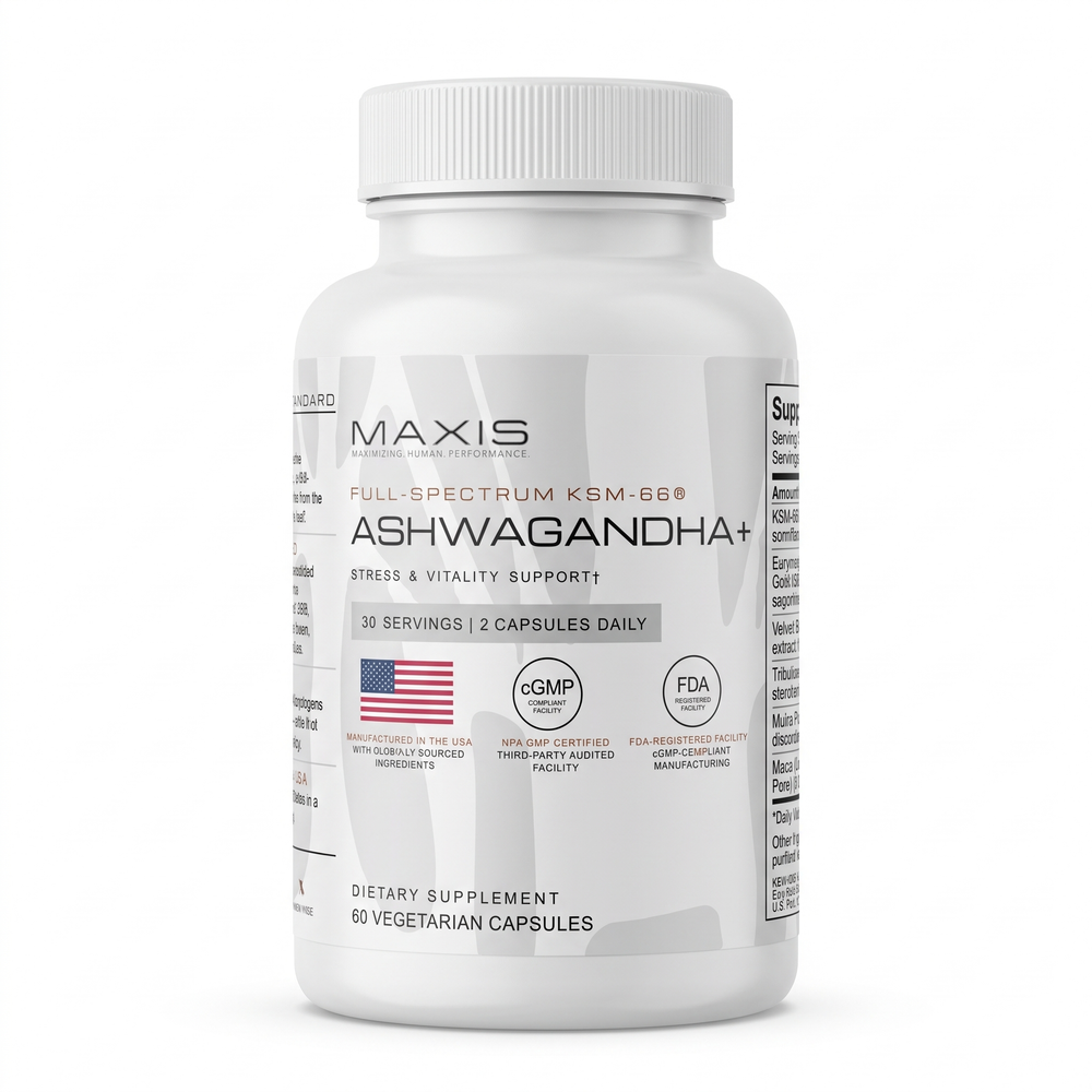 MAXIS Ashwagandha+ bottle with KSM-66® ashwagandha 600 mg and Eury Gold 28® tongkat ali 400 mg, 60 vegetarian capsules, front label