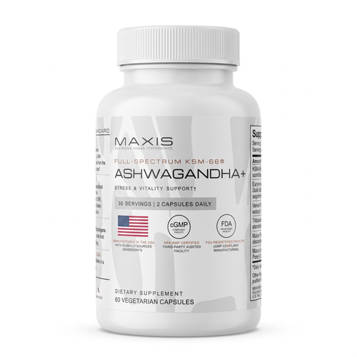 MAXIS Ashwagandha+ bottle with KSM-66® ashwagandha 600 mg and Eury Gold 28® tongkat ali 400 mg, 60 vegetarian capsules, front label