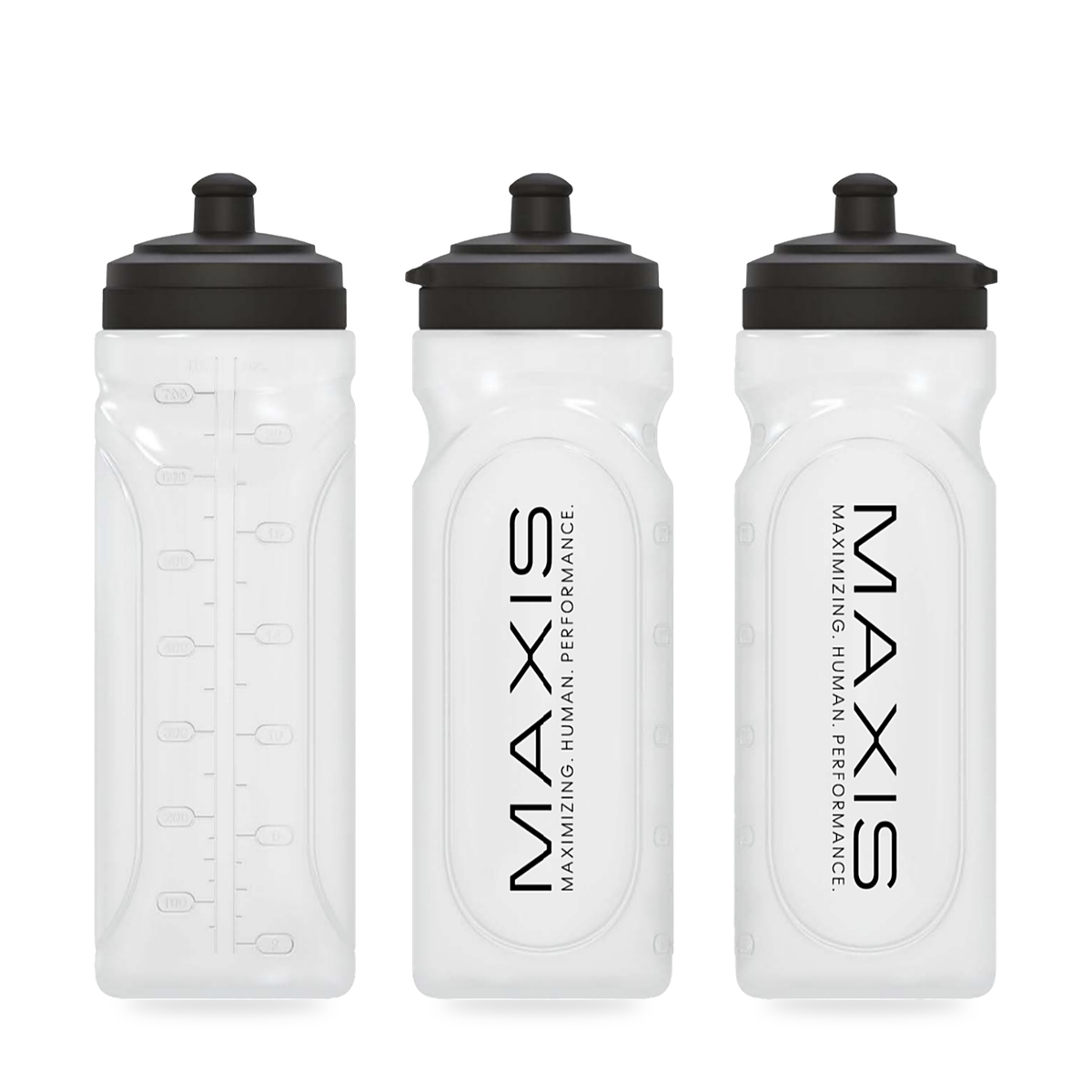 Three MAXIS Performance Bottles, 750 ml frosted water bottles with black sport caps