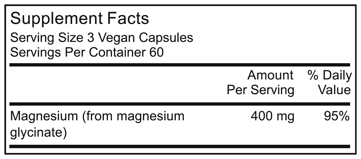 MAXIS Magnesium Glycinate Supplement Facts panel, 400 mg elemental magnesium per serving