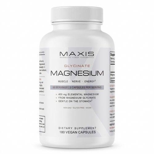 MAXIS Magnesium Glycinate bottle, 180 vegan capsules, front label