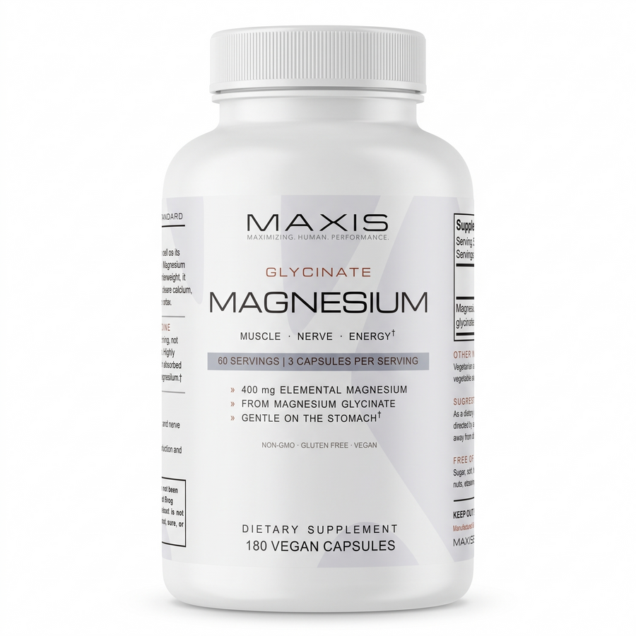 MAXIS Magnesium Glycinate bottle, 180 vegan capsules, front label