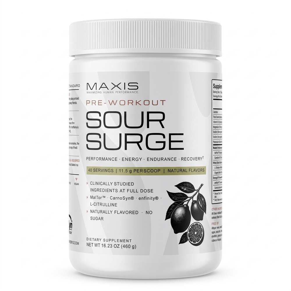 MAXIS Sour Surge Pre-Workout 460 g tub, front label