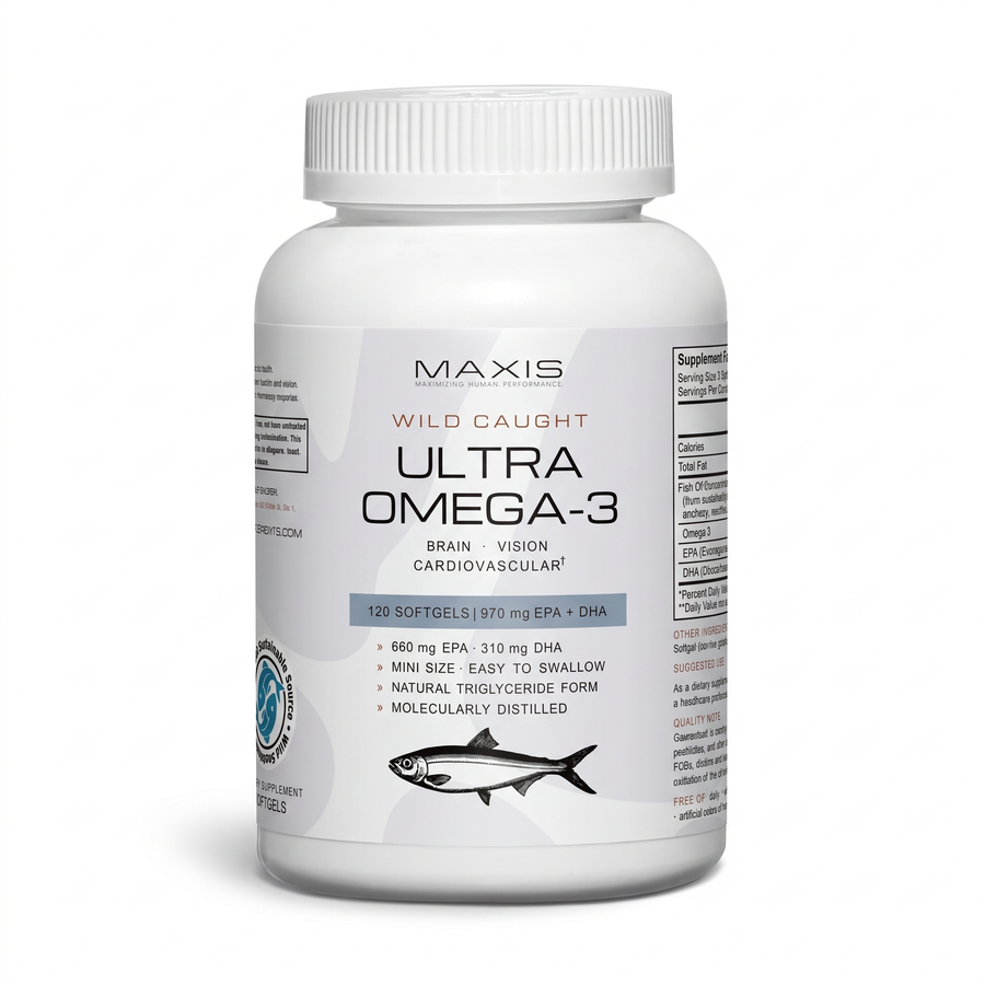 MAXIS Ultra Omega-3 wild-caught fish oil bottle, 120 mini softgels, front label