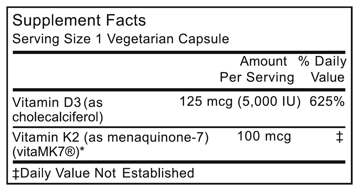 MAXIS Vitamin D3 + K2 Supplement Facts panel, 5,000 IU D3 and 100 mcg K2 MK-7