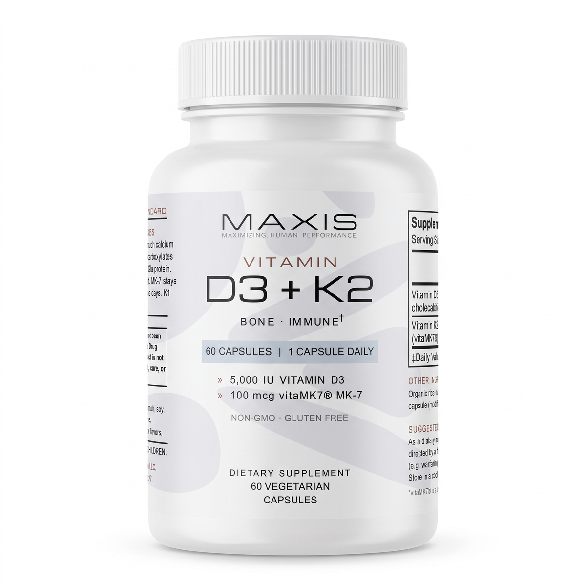 MAXIS Vitamin D3 + K2 bottle, 60 vegetarian capsules, front label