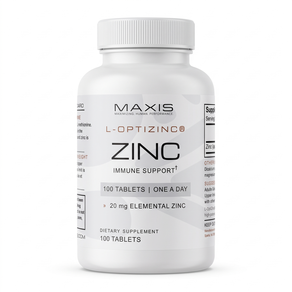 MAXIS L-OptiZinc® Zinc bottle, 100 tablets, front label