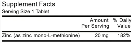 MAXIS L-OptiZinc® Zinc Supplement Facts panel, 20 mg zinc per tablet