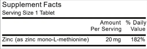 MAXIS L-OptiZinc® Zinc Supplement Facts panel, 20 mg zinc per tablet