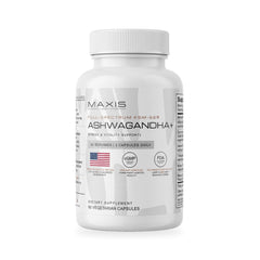 MAXIS Ashwagandha+ with 600 mg KSM-66 ashwagandha and 400 mg tongkat ali, 60 capsules, on white