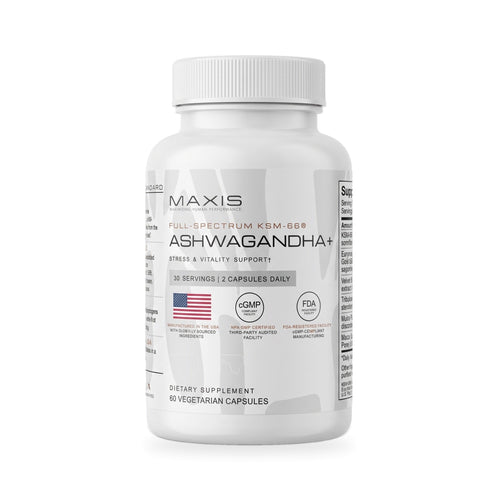 MAXIS Ashwagandha+ with 600 mg KSM-66 ashwagandha and 400 mg tongkat ali, 60 capsules, on white