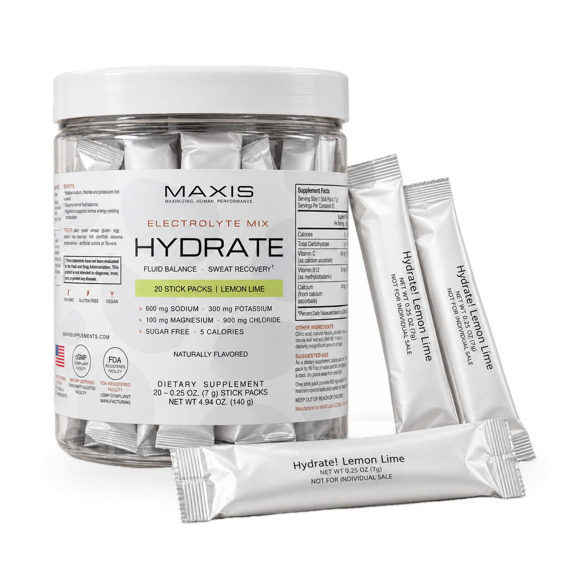 MAXIS Hydrate sugar-free electrolyte drink mix, 20 stick packs, on white