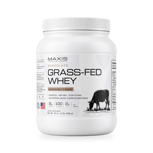 MAXIS grass-fed whey protein powder, chocolate, 2 lb tub, on white