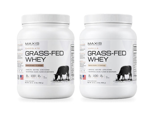 MAXIS Grass-Fed Whey in chocolate and vanilla