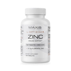 MAXIS L-OptiZinc zinc 20 mg, 100 tablets, on white