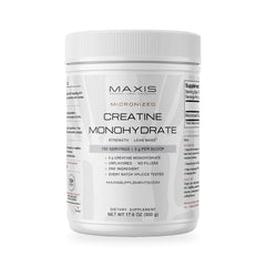 MAXIS micronized creatine monohydrate powder, 500 g, 100 servings, on white