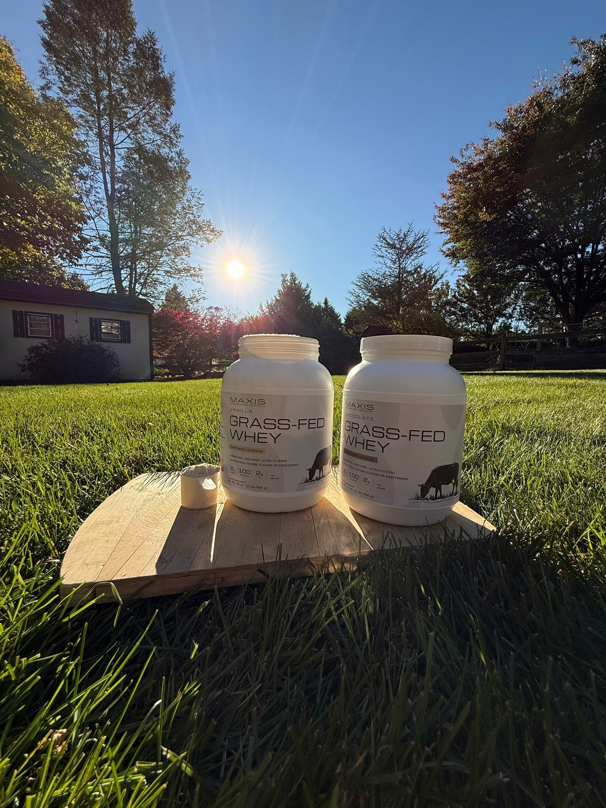 MAXIS Grass-Fed Whey, chocolate and vanilla tubs on a board in the grass