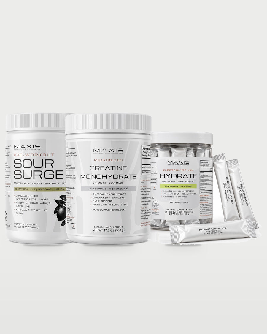 MAXIS Performance Stack: Sour Surge Pre-Workout, Micronized Creatine Monohydrate, Hydrate Electrolyte Mix