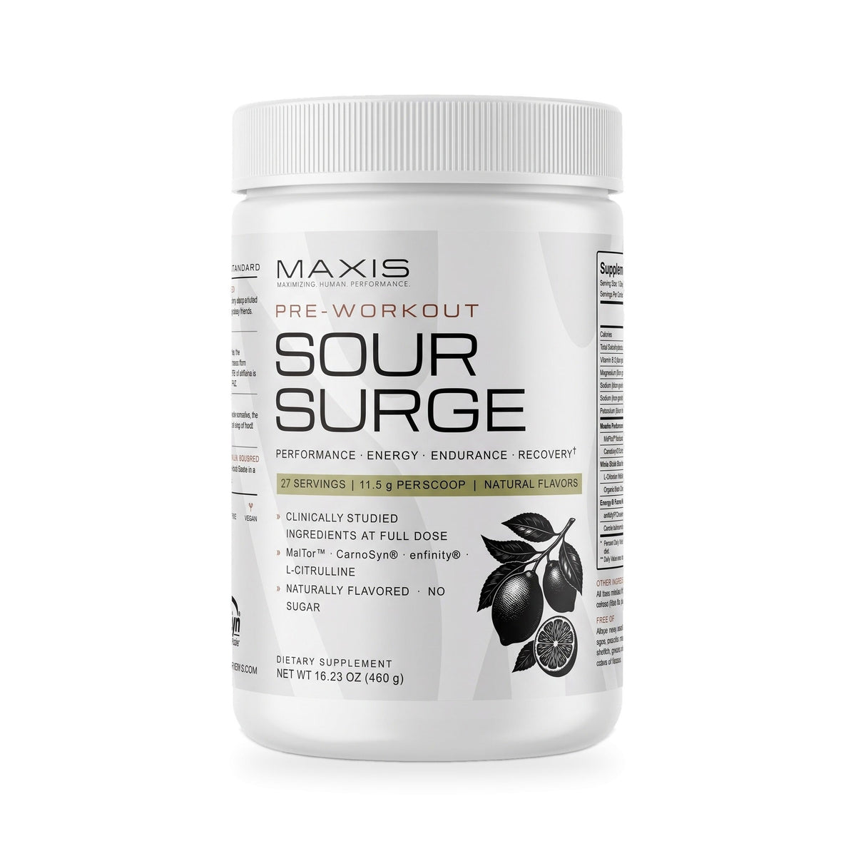 MAXIS Sour Surge paraxanthine pre-workout powder, 27 servings, on white