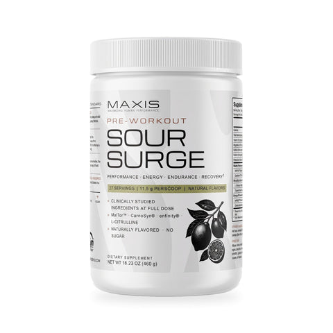 MAXIS Sour Surge paraxanthine pre-workout powder, 27 servings, on white