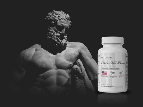 MAXIS Ashwagandha+ beside a classical marble statue of Hercules