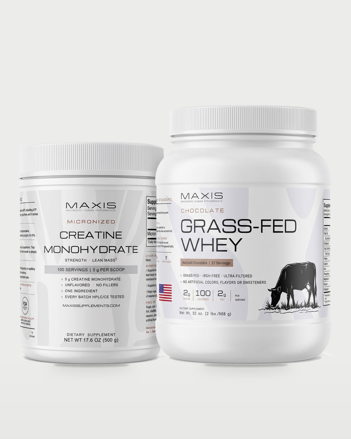 MAXIS Strength Stack — Chocolate: Micronized Creatine Monohydrate, Grass-Fed Whey, Chocolate