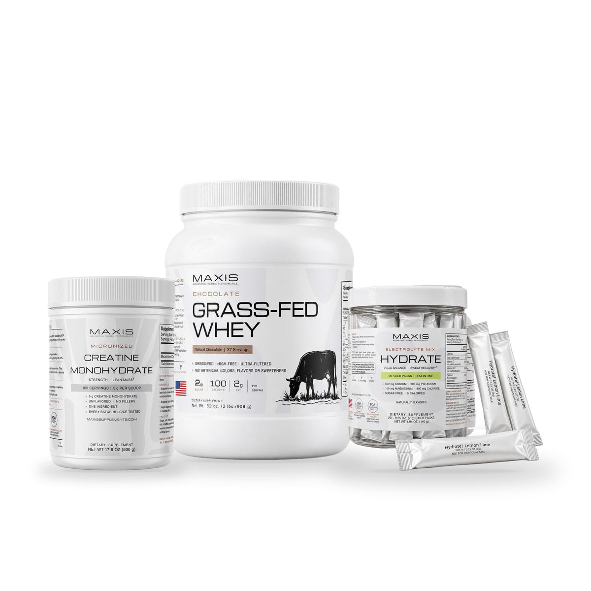 MAXIS Training Essentials Stack, chocolate: Creatine, Grass-Fed Whey and Hydrate