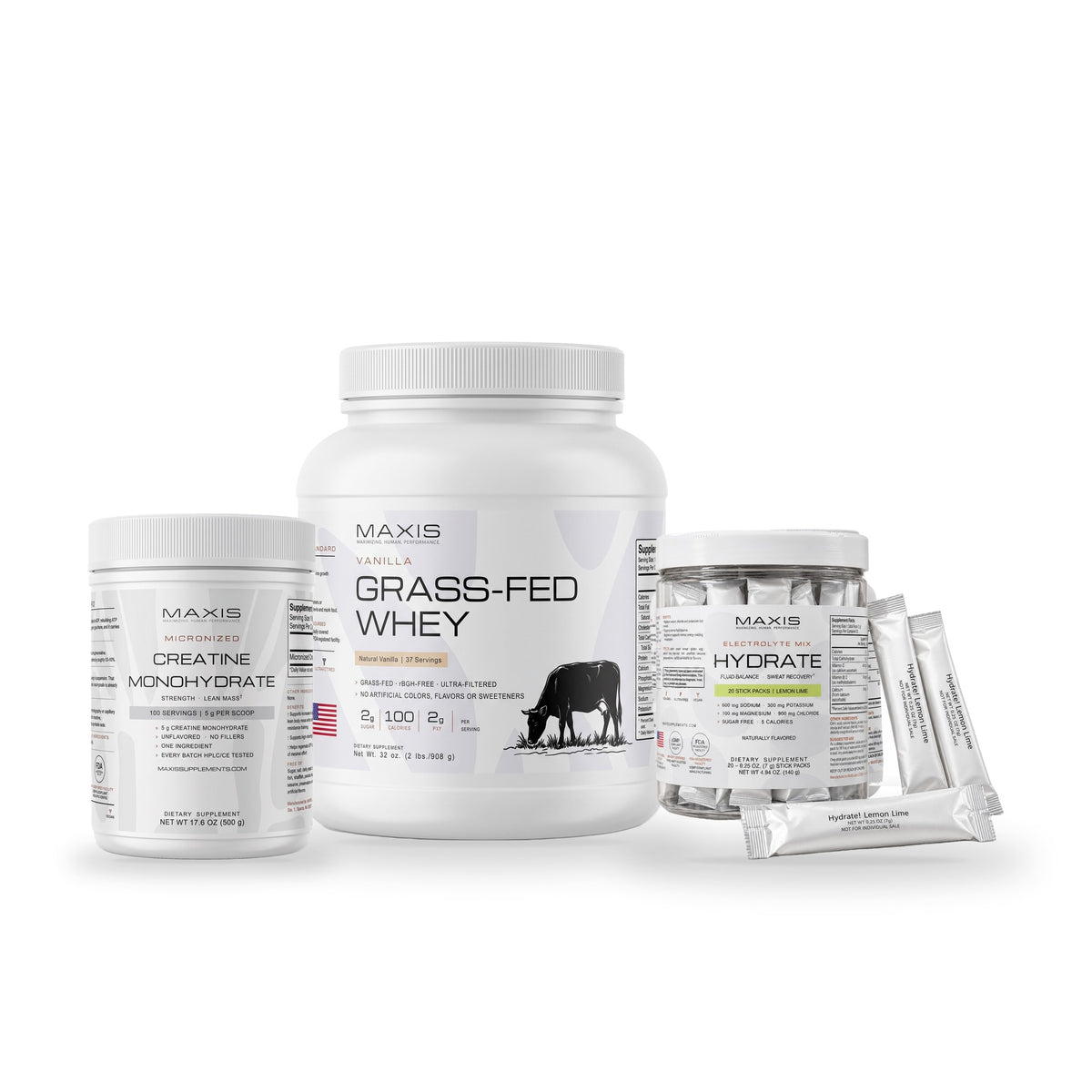 MAXIS Training Essentials Stack, vanilla: Creatine, Grass-Fed Whey and Hydrate