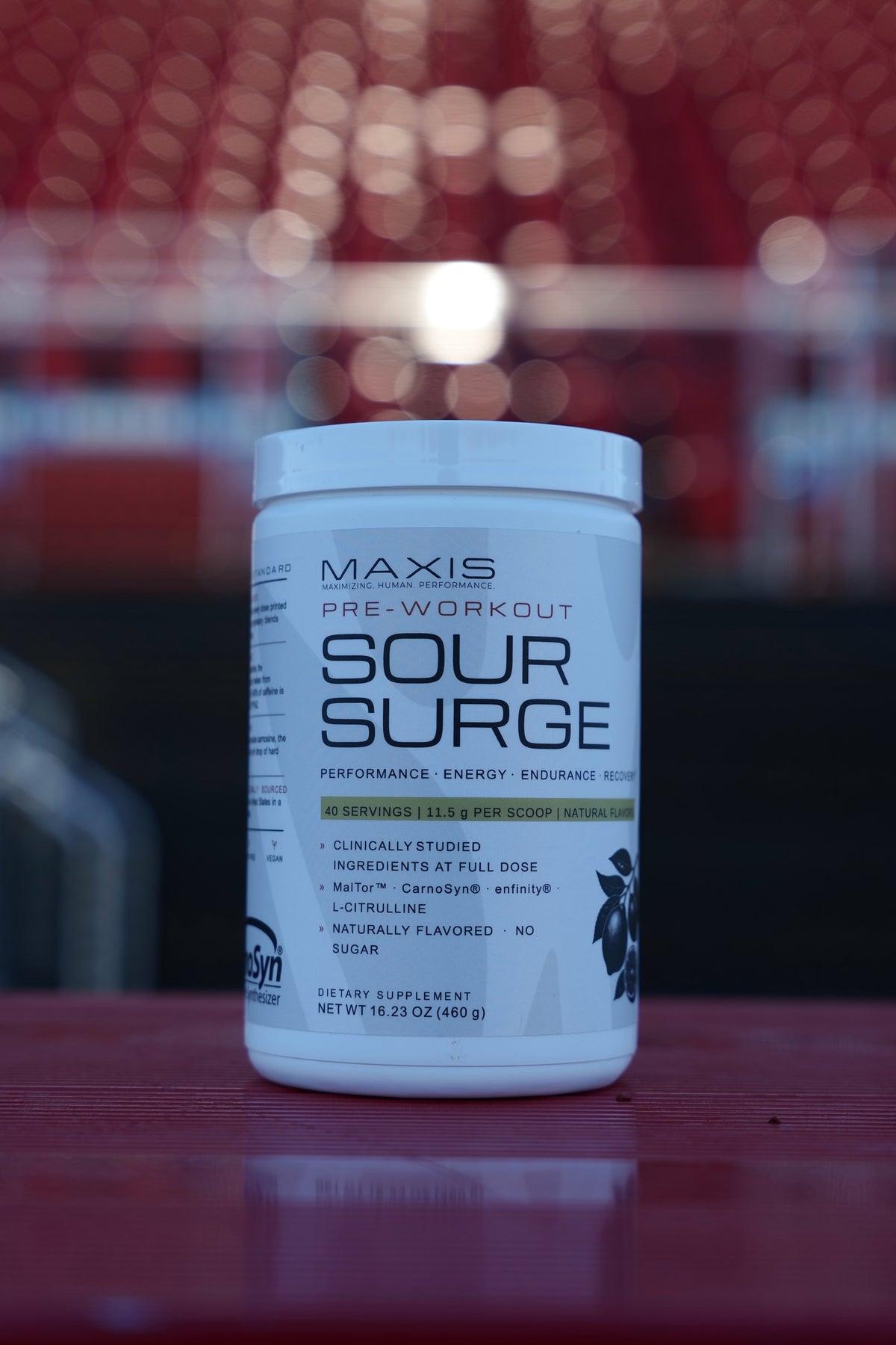 Sour Surge Pre-Workout photographed at a stadium